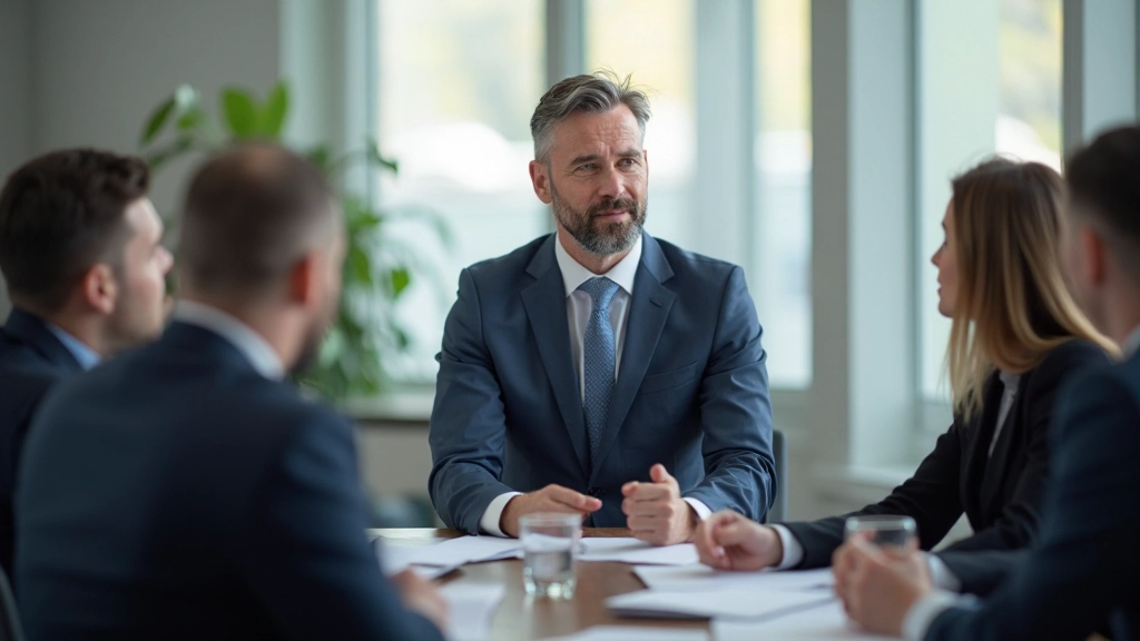 Деловой мужчина проводит встречу с командой в современном офисе, ведет конструктивное обсуждение