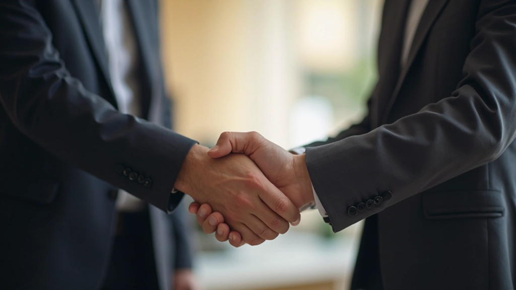 Деловые партнеры успешно заключают сделку, пожимая друг другу руки с улыбками, демонстрируя позитивный результат переговоров