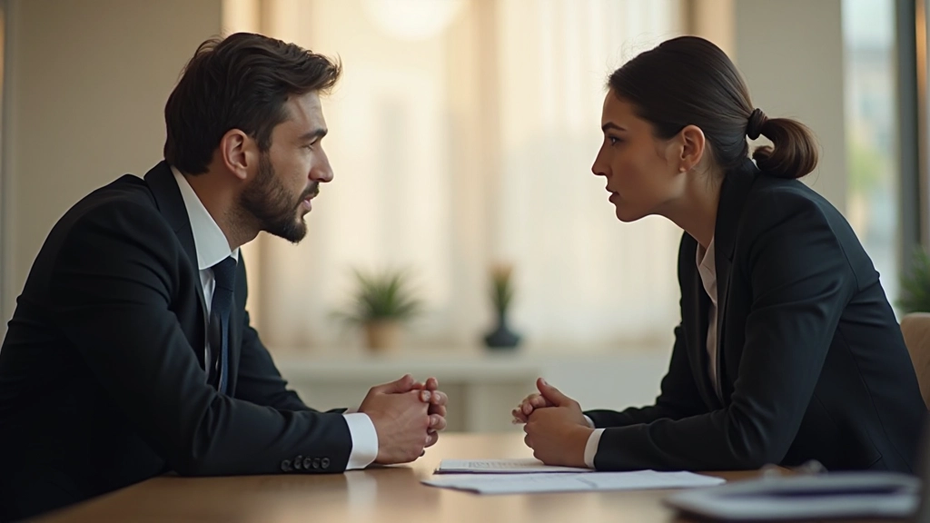 Два профессионала сидят за столом переговоров, демонстрируя открытый язык тела с наклоном вперед и позитивной мимикой