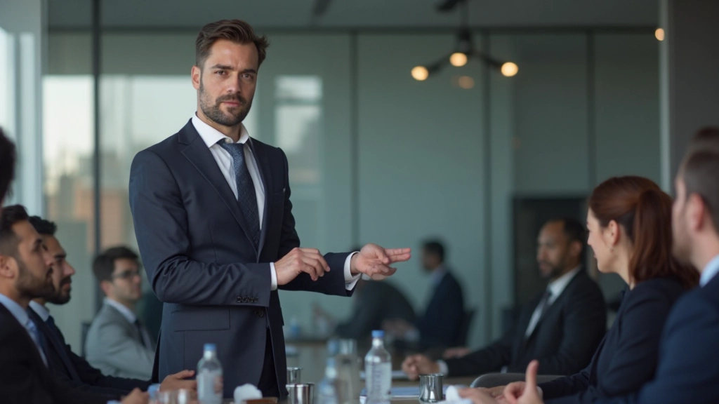 Менеджер ведет деловую встречу, объясняя решение команде в конференц-зале