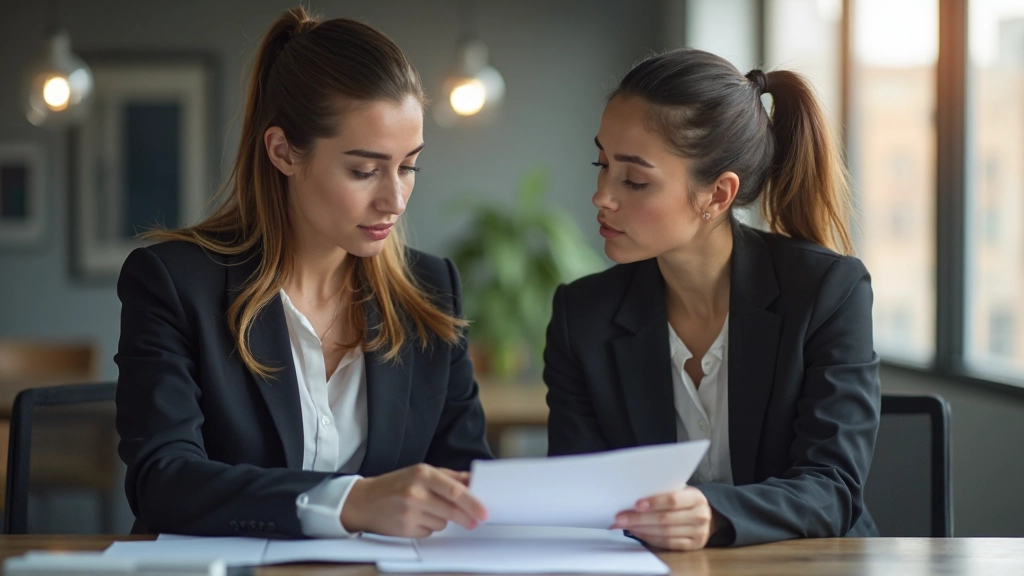 Две деловые женщины в офисе обсуждают стратегию, сидят за столом с документами