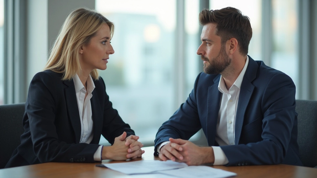 Два профессионала ведут конструктивное обсуждение за столом переговоров в офисе