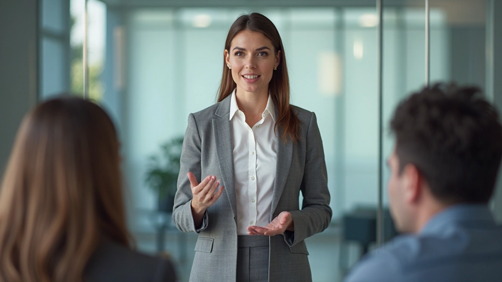 Лидер команды проводит презентацию перед сотрудниками в переговорной комнате